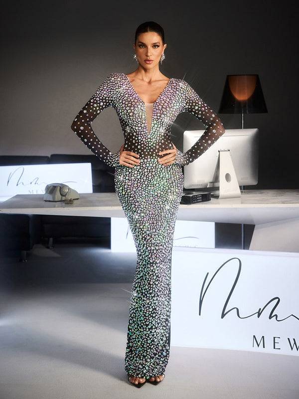 Liora Sequin Crystal Draped Split Maxi Dress