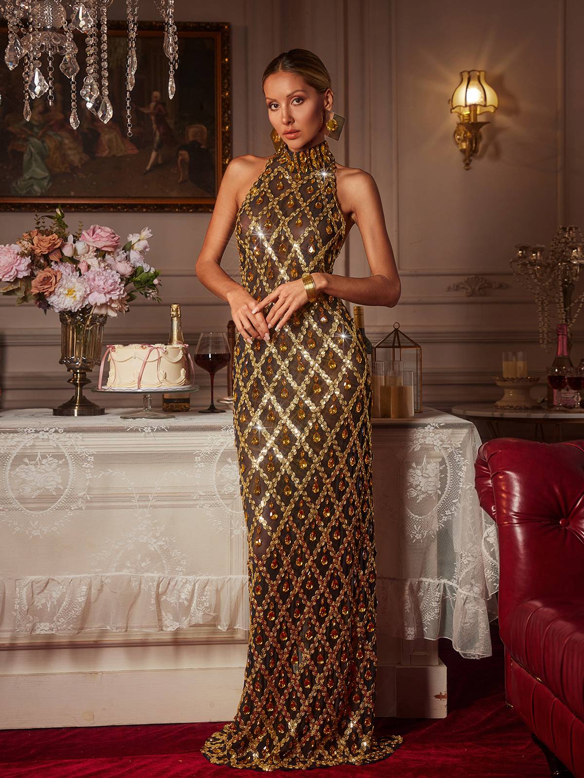 Mew Mews Liora Sequin Crystal Maxi Dress In Gold Mew Mews Liora Sequin Crystal Maxi Dress In Gold