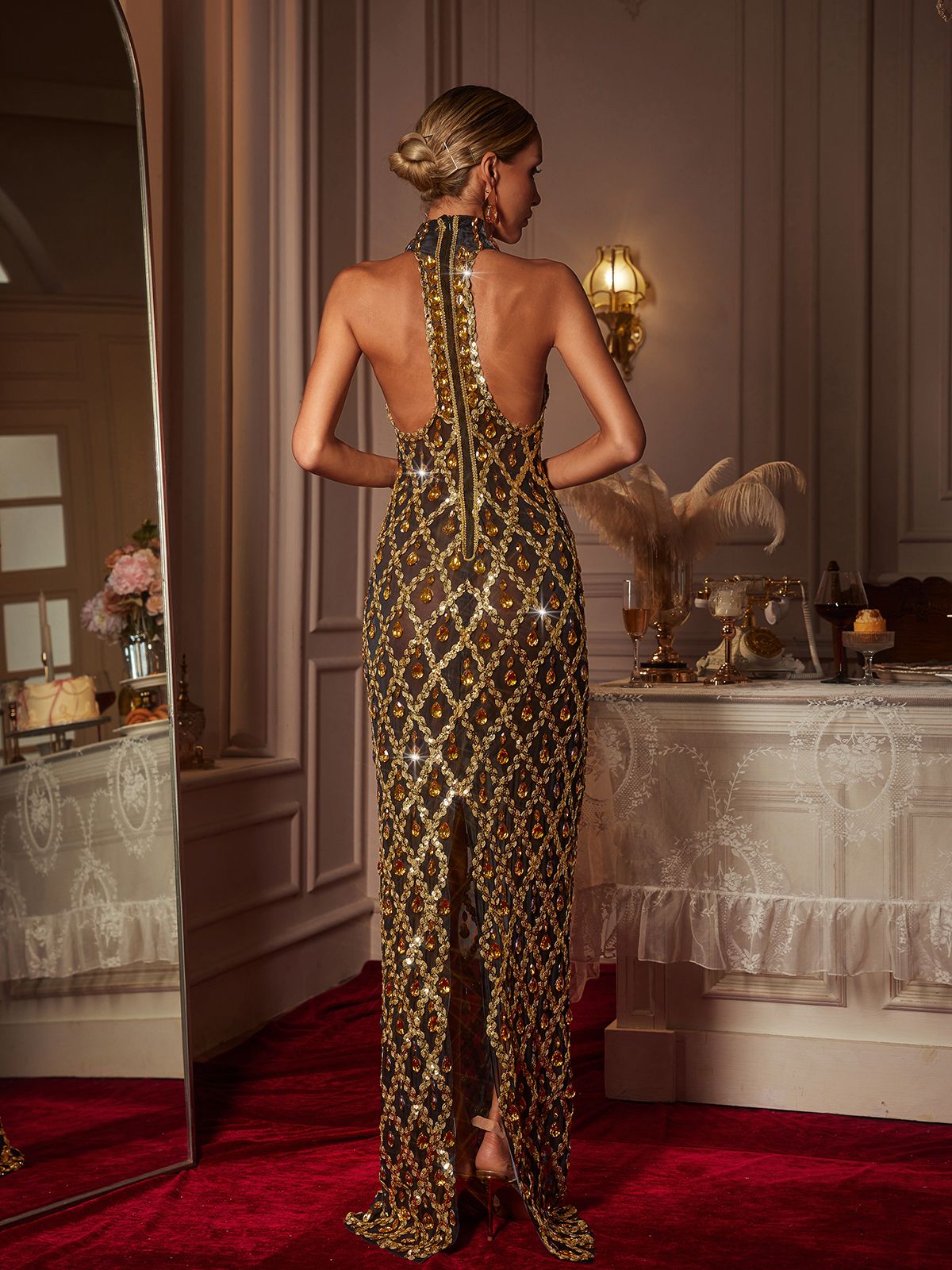 Mew Mews Liora Sequin Crystal Maxi Dress In Gold Mew Mews Liora Sequin Crystal Maxi Dress In Gold