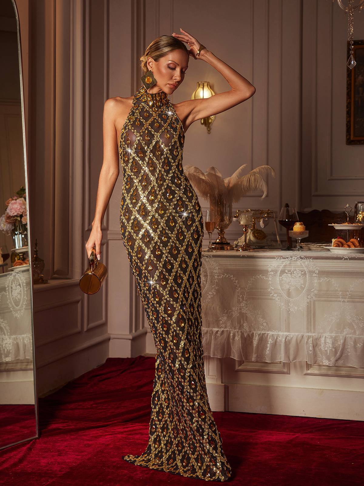 green emerald velvet dress Mew Mews Liora Sequin Crystal Maxi Dress in Gold
