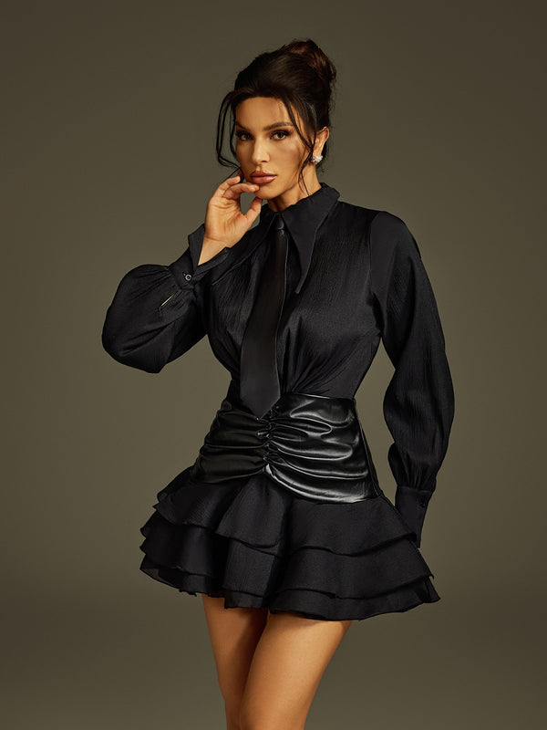 Lisandro Collar Ruched Ruffle Mini Dress