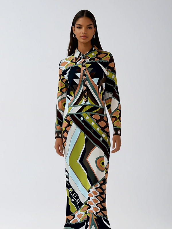 Lisbet Folded Collar Printed Maxi Dress