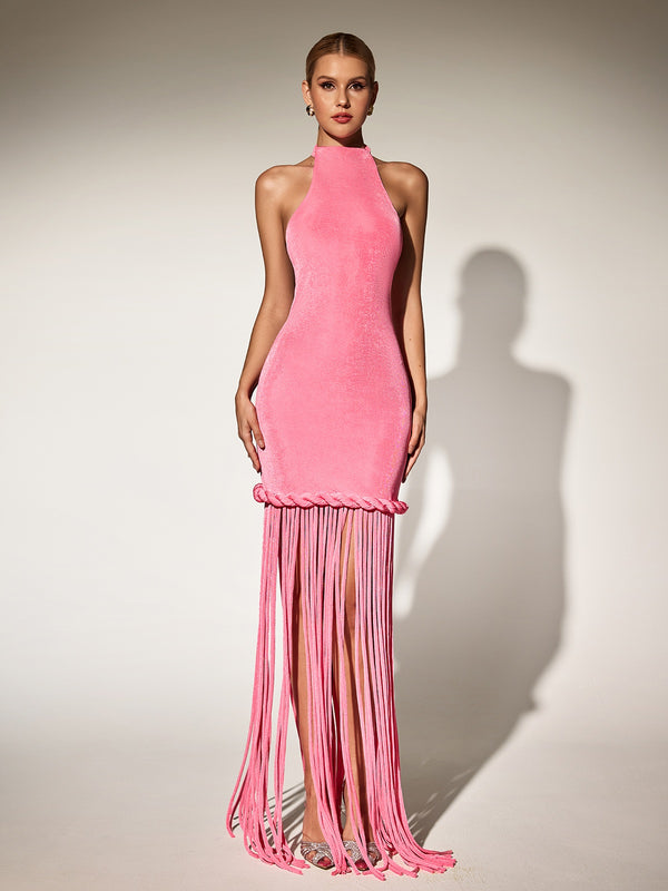 Litonya Halterneck Fringe Velvet Maxi Dress