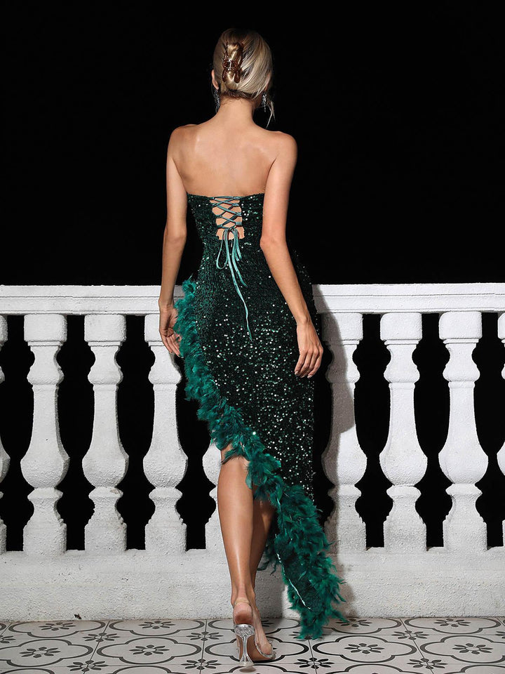 Lois Strapless Sequin Feather Trimmed Maxi Dress In Emerald - Mew Mews