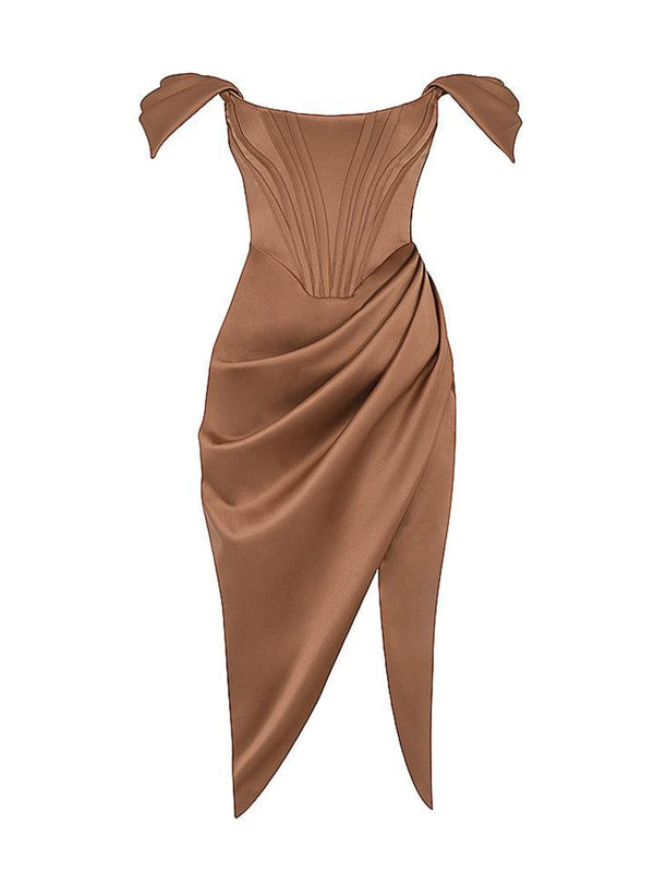 Lola Satin Off Shoulder Corset Dress In Toffee