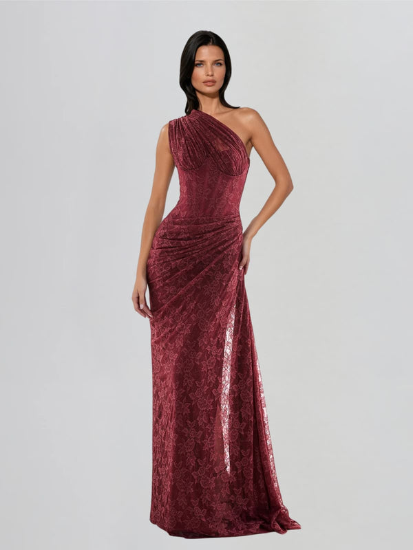 Lorentzon One Shoulder Draped Floral Maxi Dress