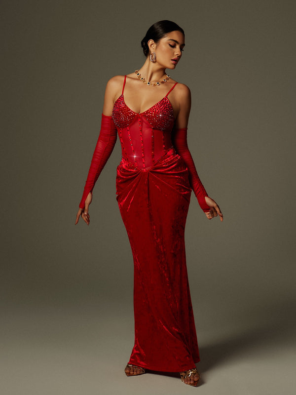 Lsaac Spaghetti Rhinestone Ruched Velvet Maxi Dress