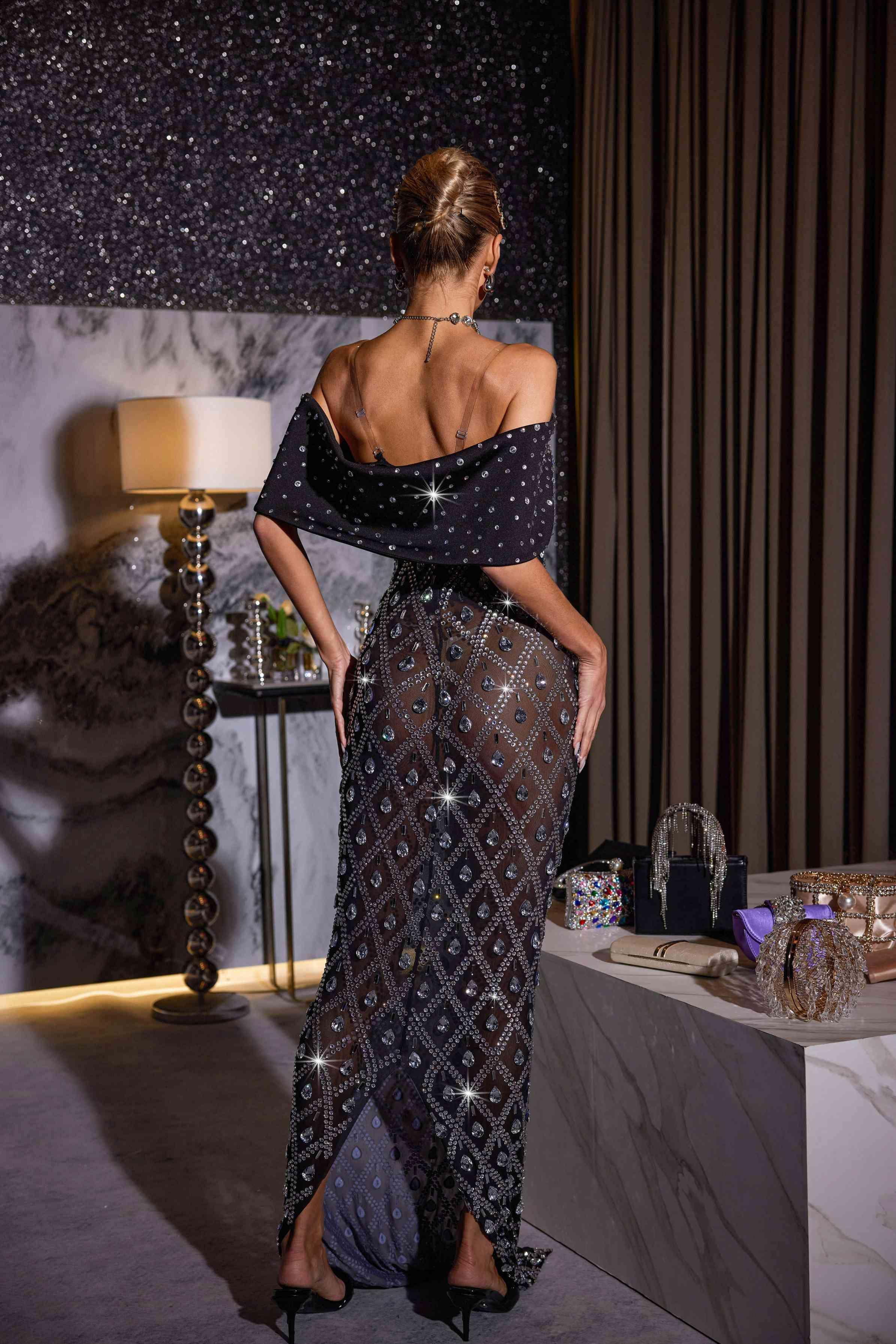 Mew Mews Lucca Rhinestone Mesh Maxi Dress Mew Mews Lucca Rhinestone Mesh Maxi Dress