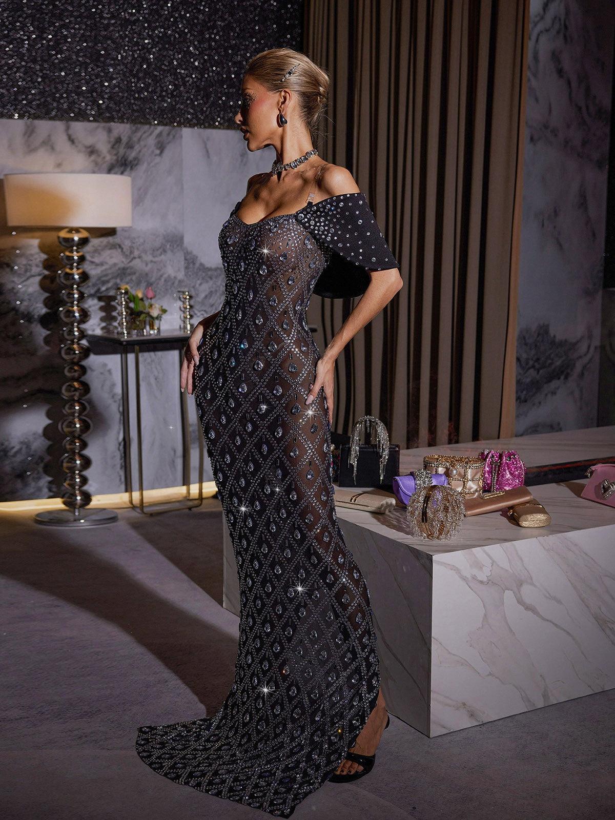 Mew Mews Lucca Rhinestone Mesh Maxi Dress