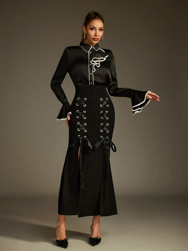 Ludwig Flare Sleeve Lace Up Skirt Set