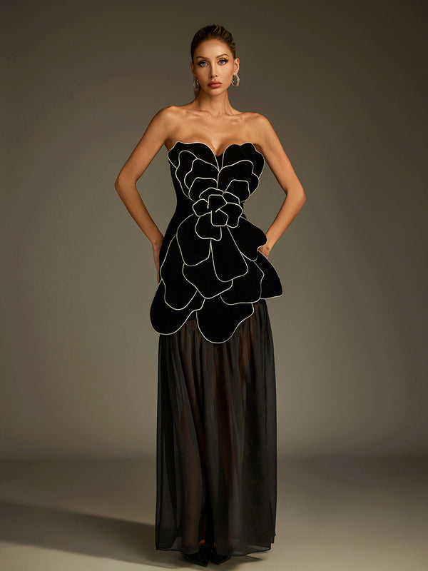 Luffy Stapless Flower Mesh Maxi Dress