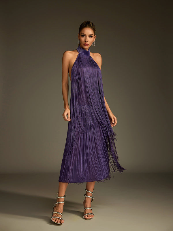Lujayn Halterneck Fringe Midi Dress