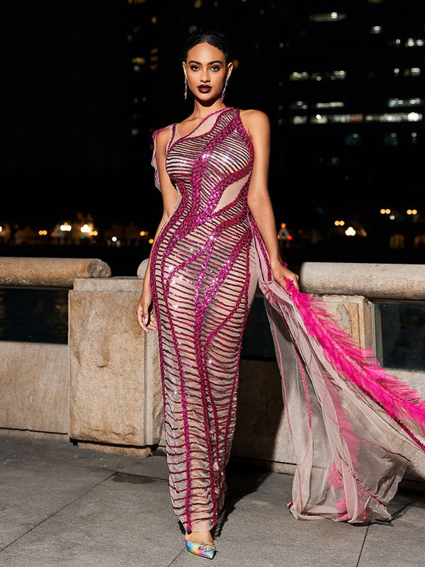 Lyda Draped Cutout Sequin Mesh Dress In Hot Pink