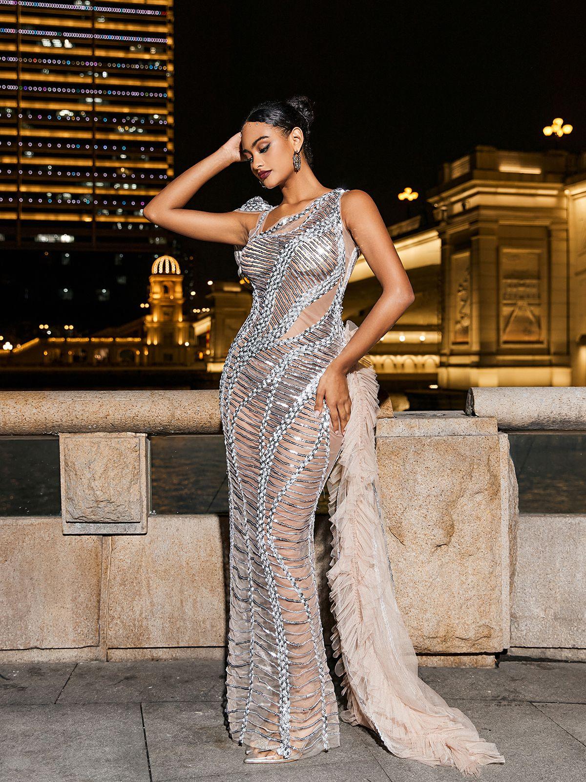 silver sequin mesh dress LAPOINTE Net Mesh Sequin Tank Gown