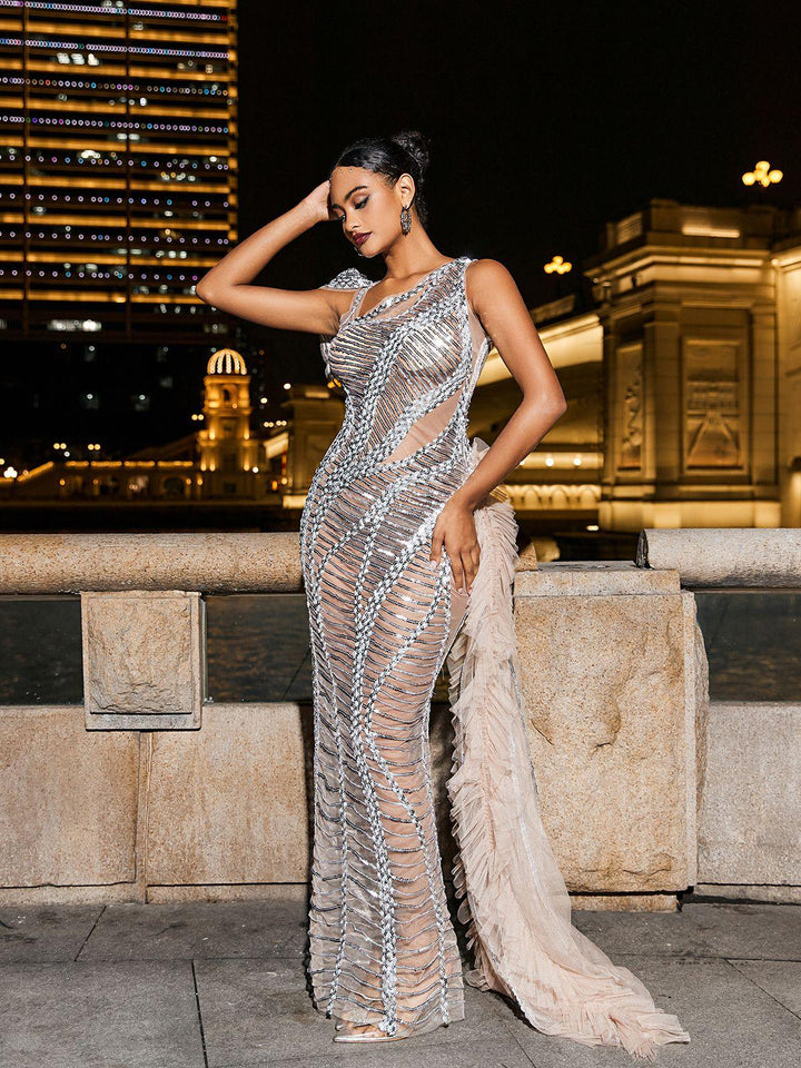 Feather Dress Pearl Sequin Dress Halter Sequin Crystal Backless Maxi Dress Silver Luxe Sequin Dresses And Feather Dress Pearl Sequin Dress Halter Sequin Crystal Backless Maxi Dress Silver Luxe Sequin Dresses And