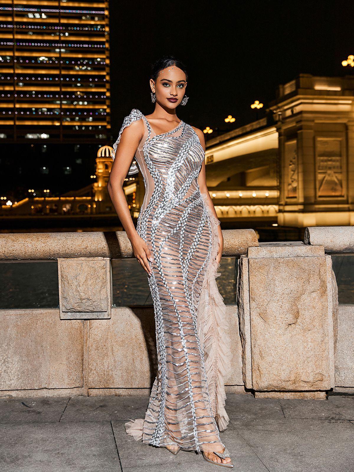 Mew Mews Lyda Draped Cutout Sequin Mesh Dress In Silver Mew Mews Lyda Draped Cutout Sequin Mesh Dress In Silver