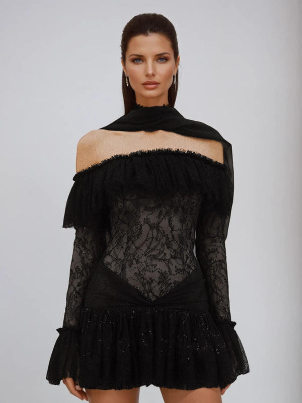 Lyriel Strapless Scarf Lace Sequin Mini Dress