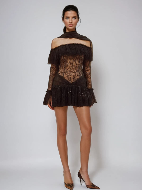 Lyriel Strapless Scarf Lace Sequin Mini Dress