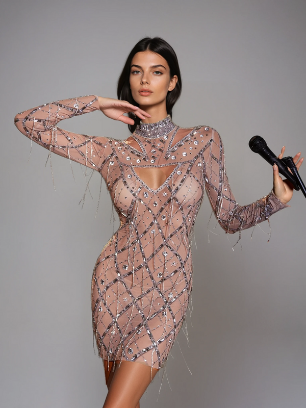 Lyrix Crystal Fringe Mesh Mini Dress