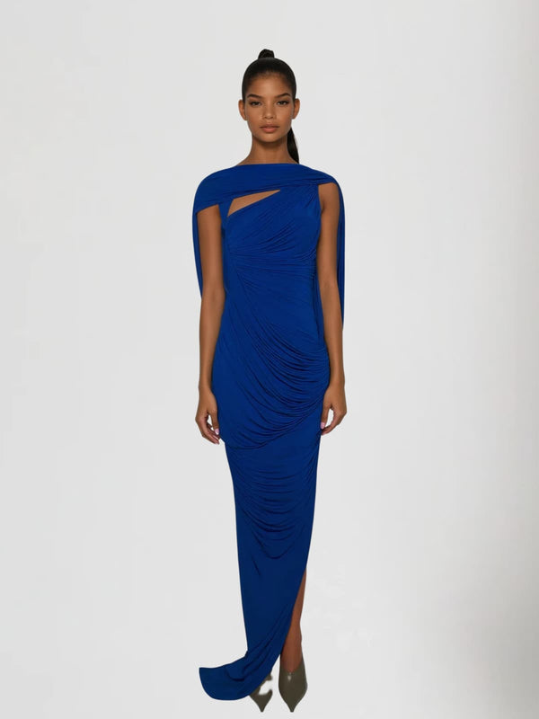 Lyrixon Backless Shawl Ruched Split Maxi Dress