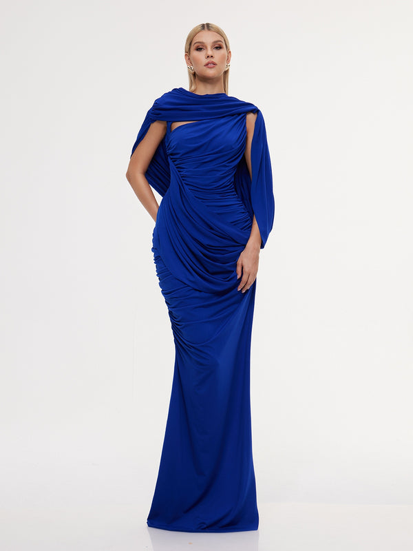 Lyrixon Backless Shawl Ruched Split Maxi Dress