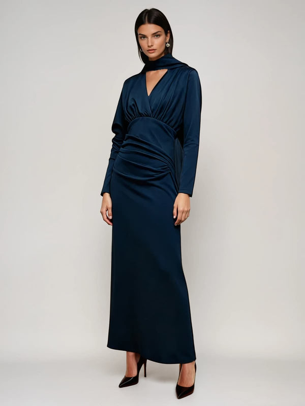 Lysisor V Neck Ruched Scarf Maxi Dress In Navy