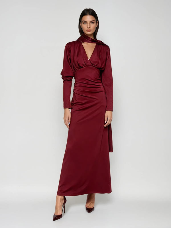 Lysisor V Neck Ruched Scarf Maxi Dress In Red