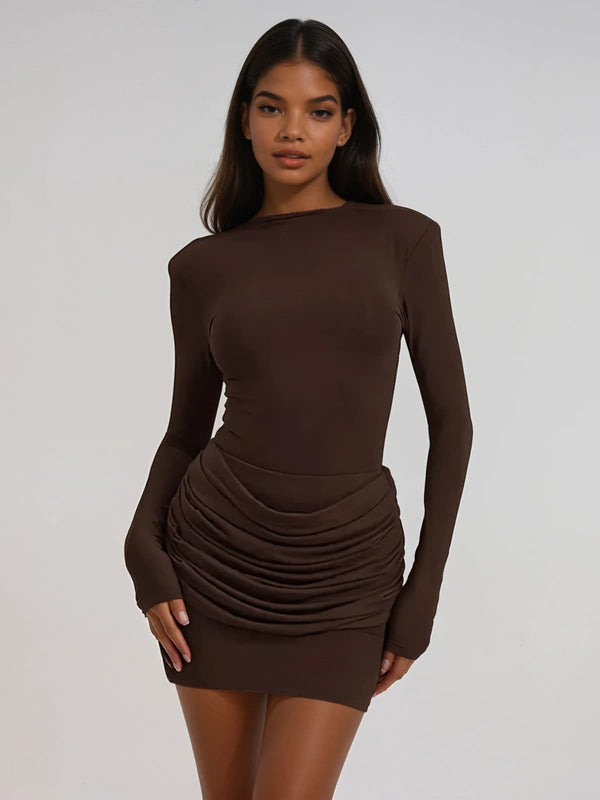 Lyubov Long Sleeve Ruched Dress In Brown