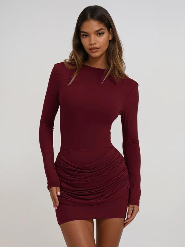Lyubov Long Sleeve Ruched Dress In Wine