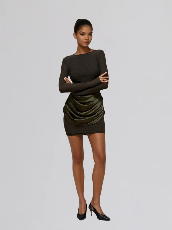 Lyusya Long Sleeve Ruched Dress In Deep Green
