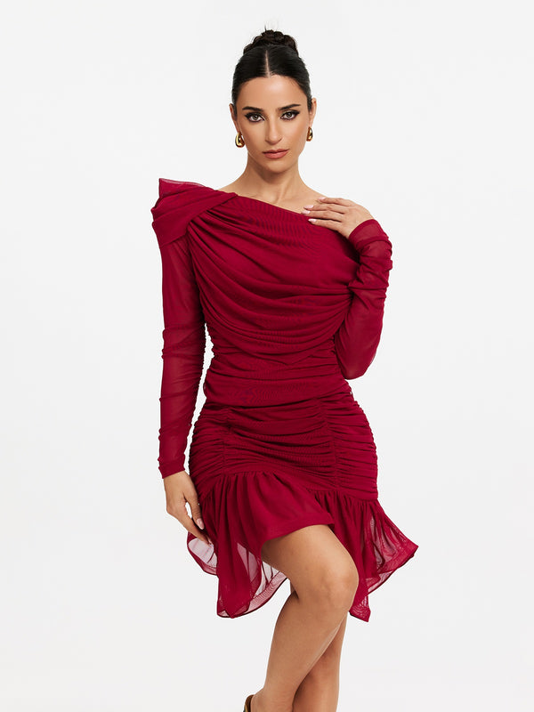Maelyra One Shoulder Ruched Ruffle Mini Dress