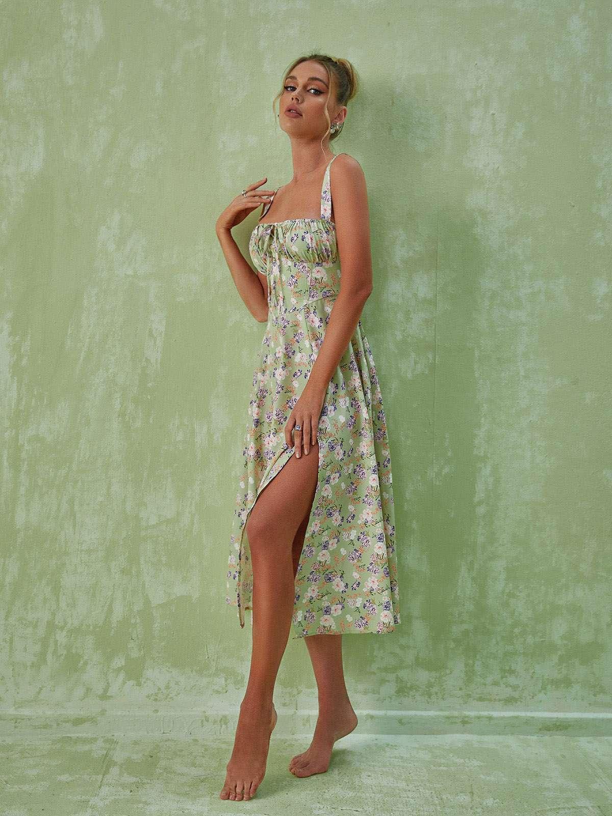 Maire Floral Split Midi Dress In Green – Mew Mews