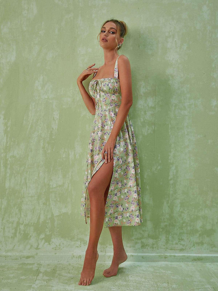 Maire Floral Split Midi Dress In Green - Mew Mews