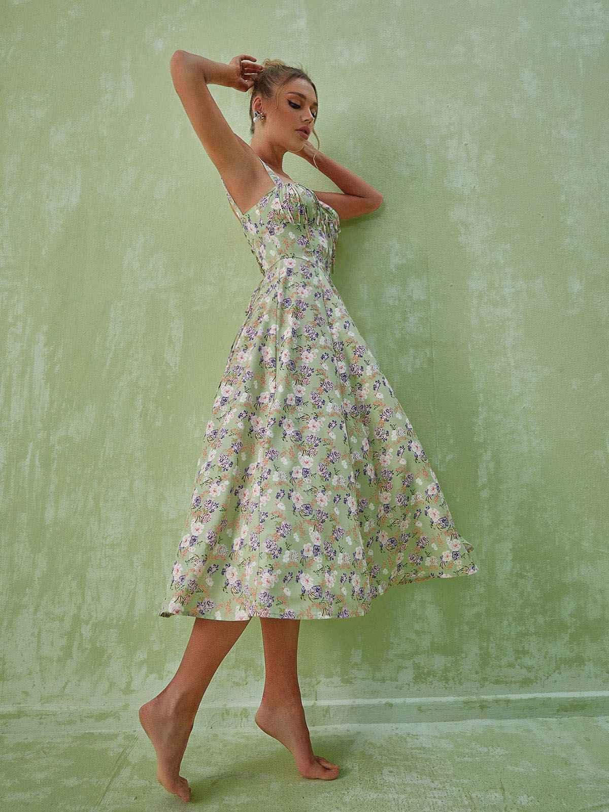 Maire Floral Split Midi Dress In Green – Mew Mews