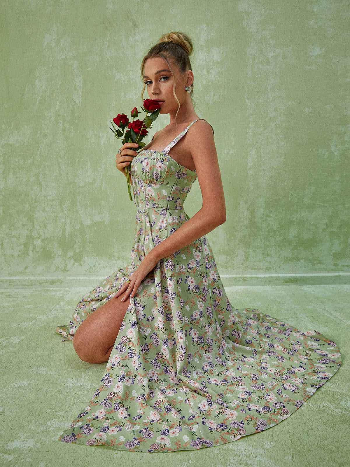 Maire Floral Split Midi Dress In Green Mew Mews