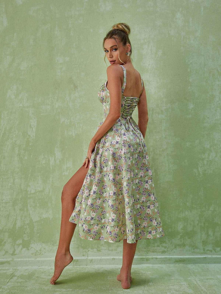 Maire Floral Split Midi Dress In Green - Mew Mews