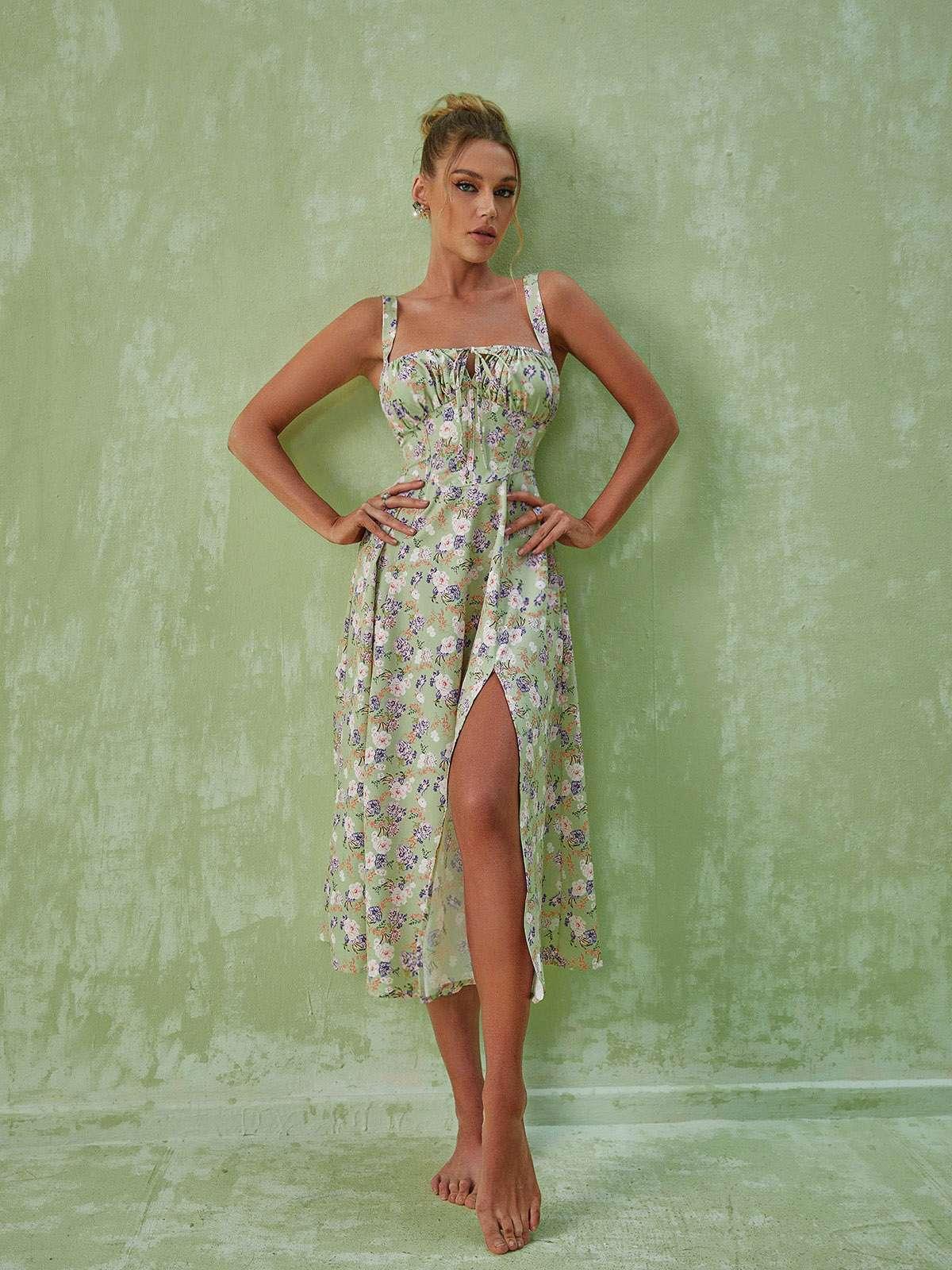 Maire Floral Split Midi Dress In Green – Mew Mews