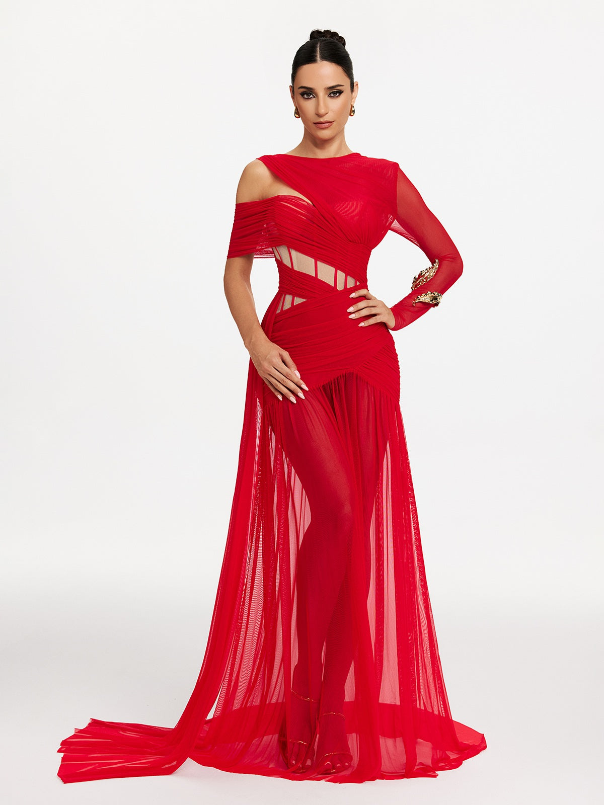 red mesh maxi dress S Malati Corset Cutout Mesh Maxi Dress In Red