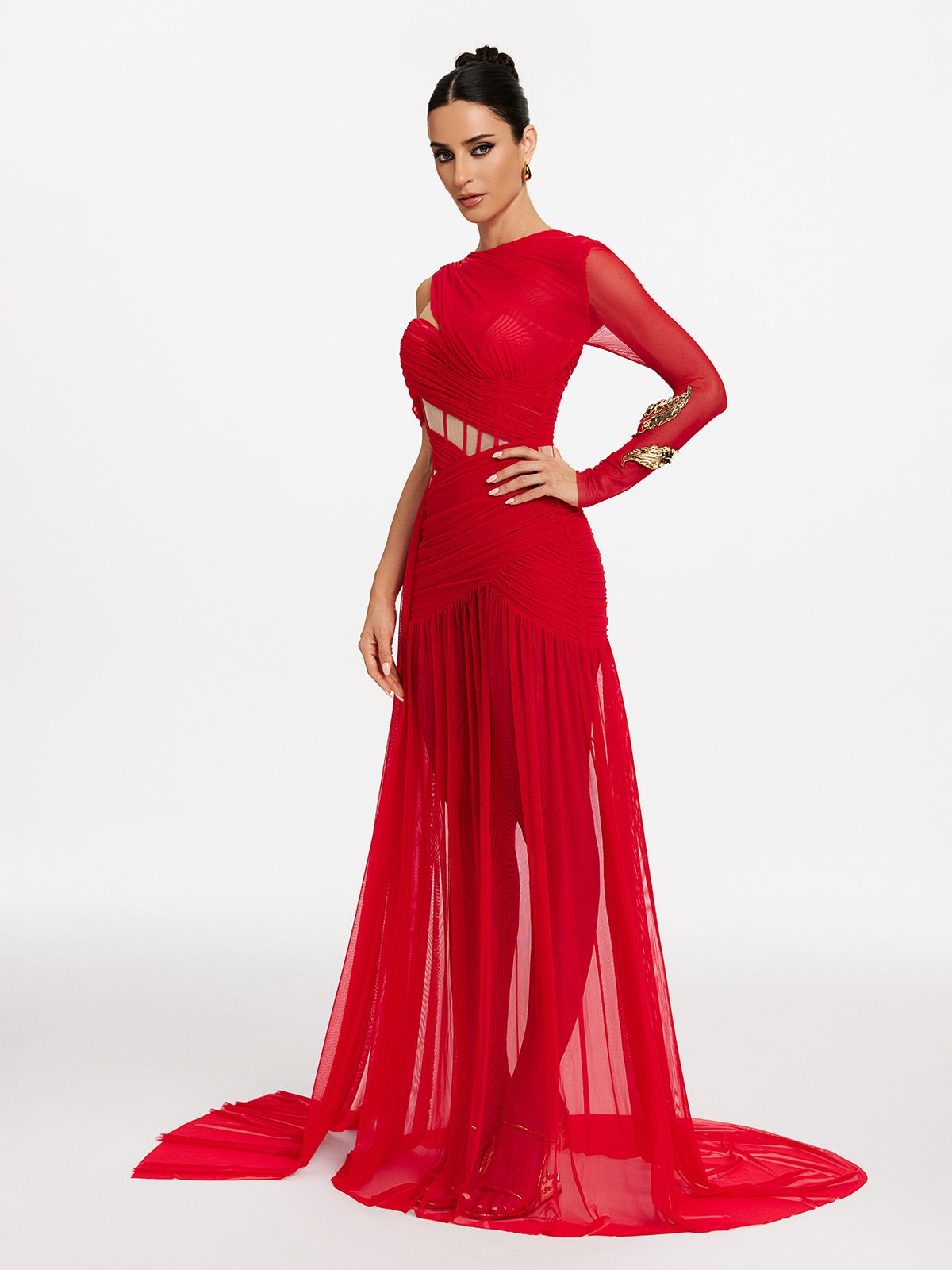 Malati Corset Cutout Mesh Maxi Dress In Red – Mew Mews