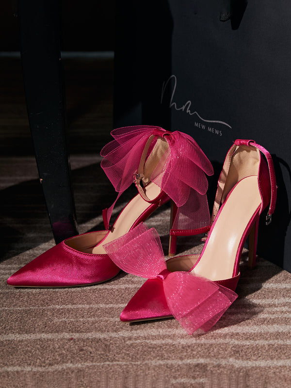 Mali Satin Bow Heels In Hot Pink