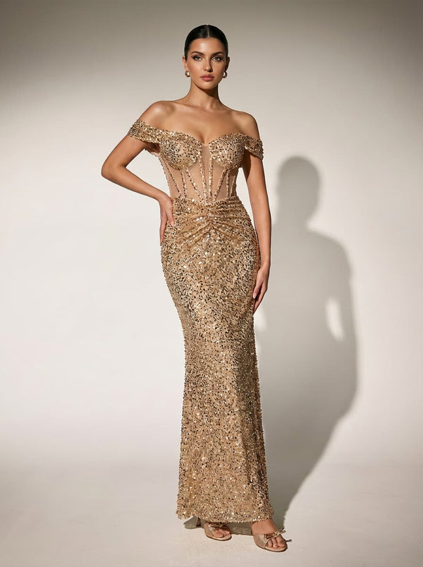 Mapmaker Off Shoulder Rhinestone Maxi Dress