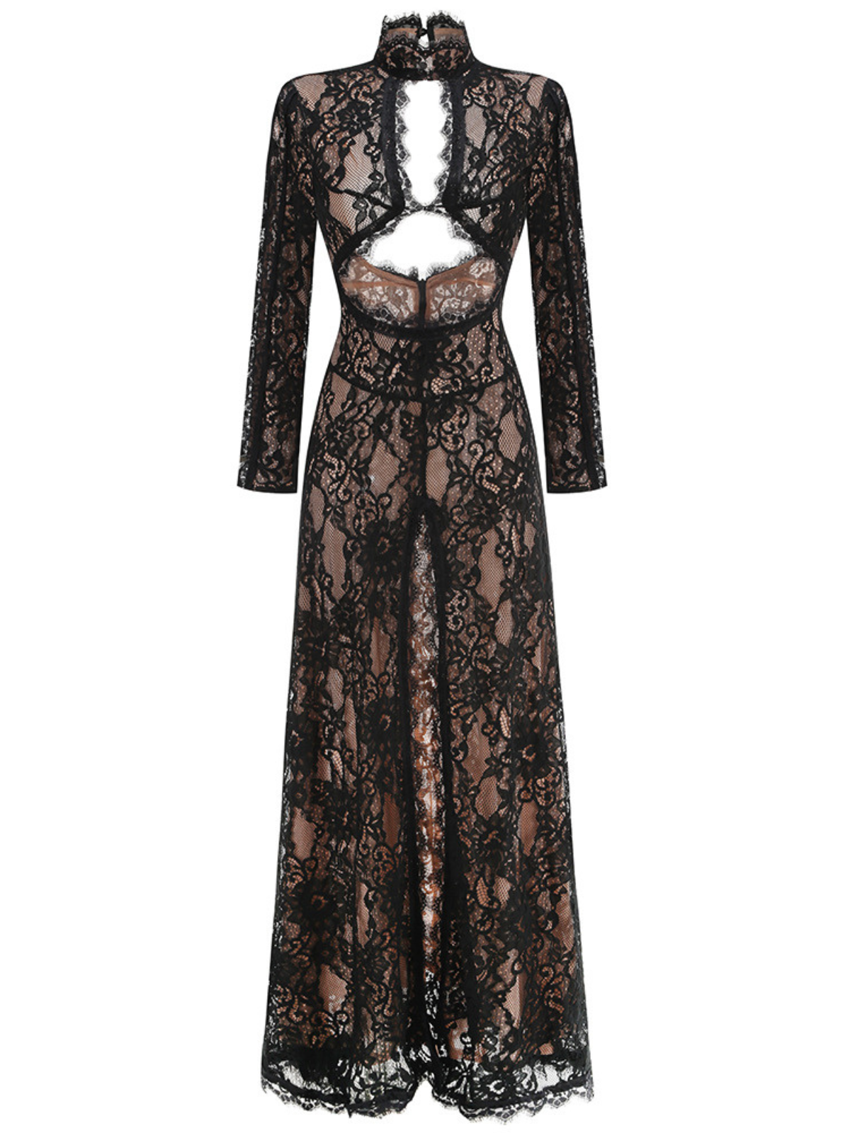 long black lace dress with sleeves Mew Mews Mareike Long Sleeve Lace Split Maxi Dress In Black