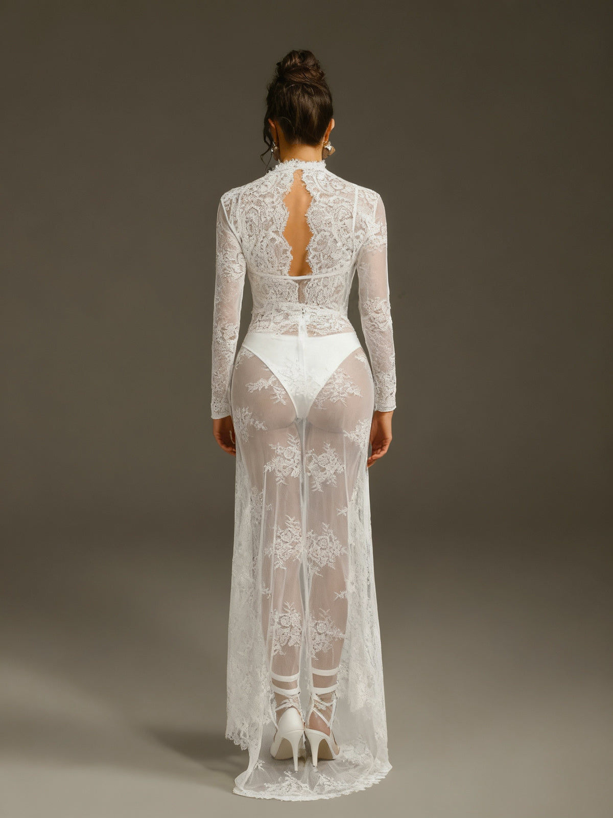 white long sleeve maxi dress with split Mew Mews Mareike Long Sleeve Lace Split Maxi Dress In White
