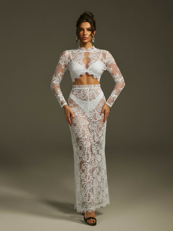 Mareike Long Sleeve Lace Split Maxi Dress In White