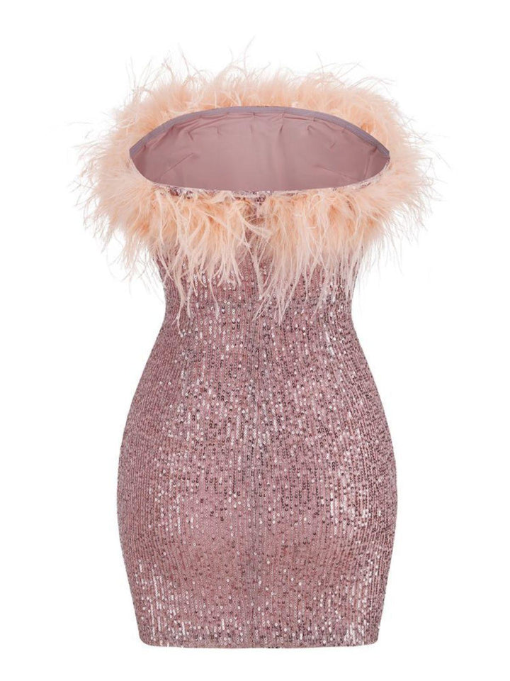 Marin Strapless Feather Sequin Mini Dress In Lotus - Mew Mews