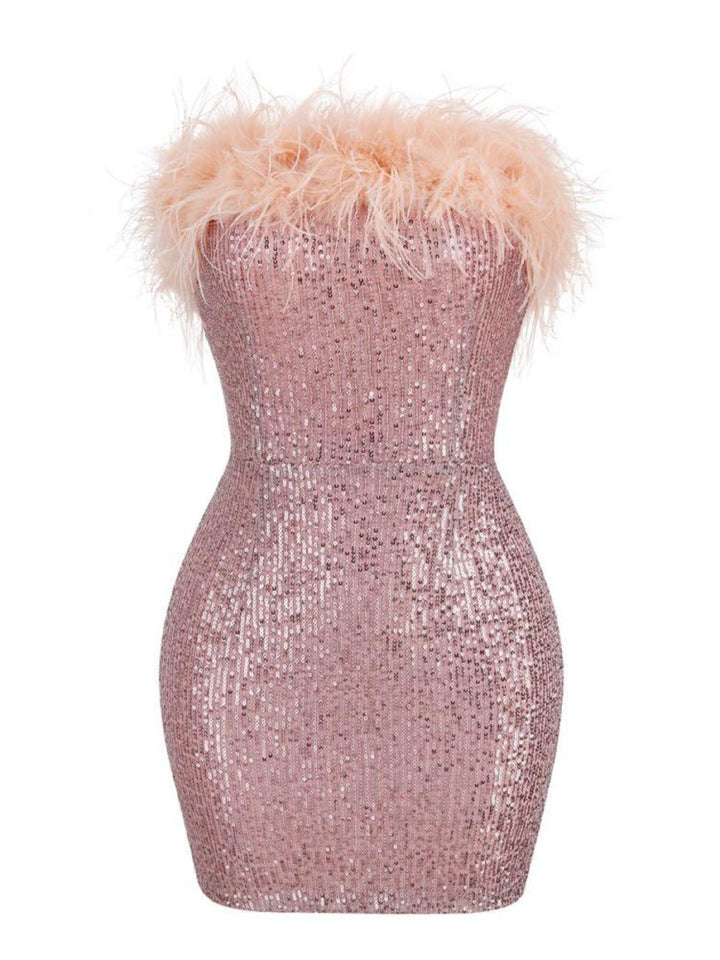 Marin Strapless Feather Sequin Mini Dress In Lotus - Mew Mews