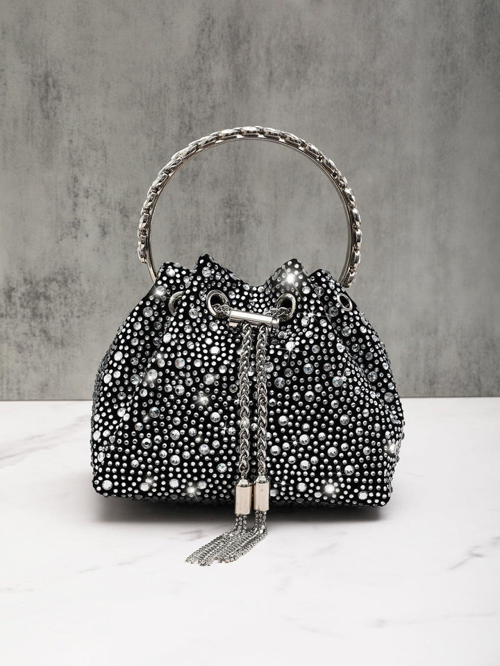 Mattea Crystal Embellished Bucket Bag In Black - Mew Mews