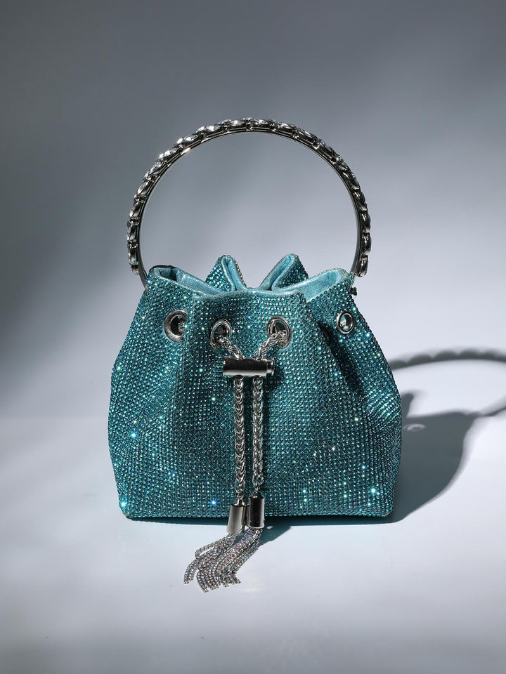 Mattea Crystal Embellished Bucket Bag In Blue - Mew Mews