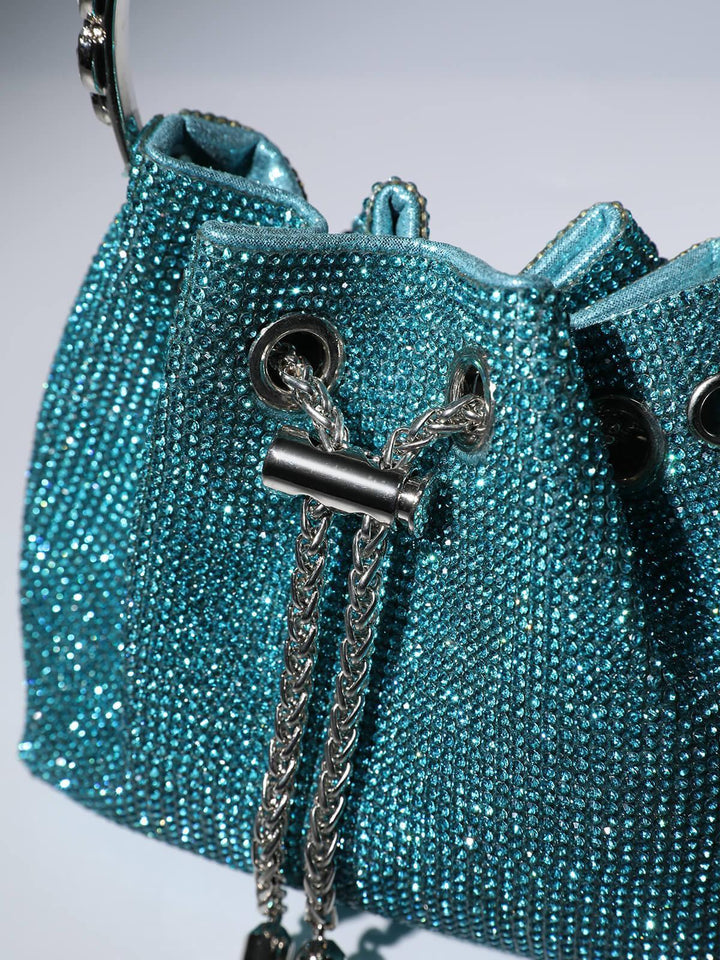 Mattea Crystal Embellished Bucket Bag In Blue - Mew Mews