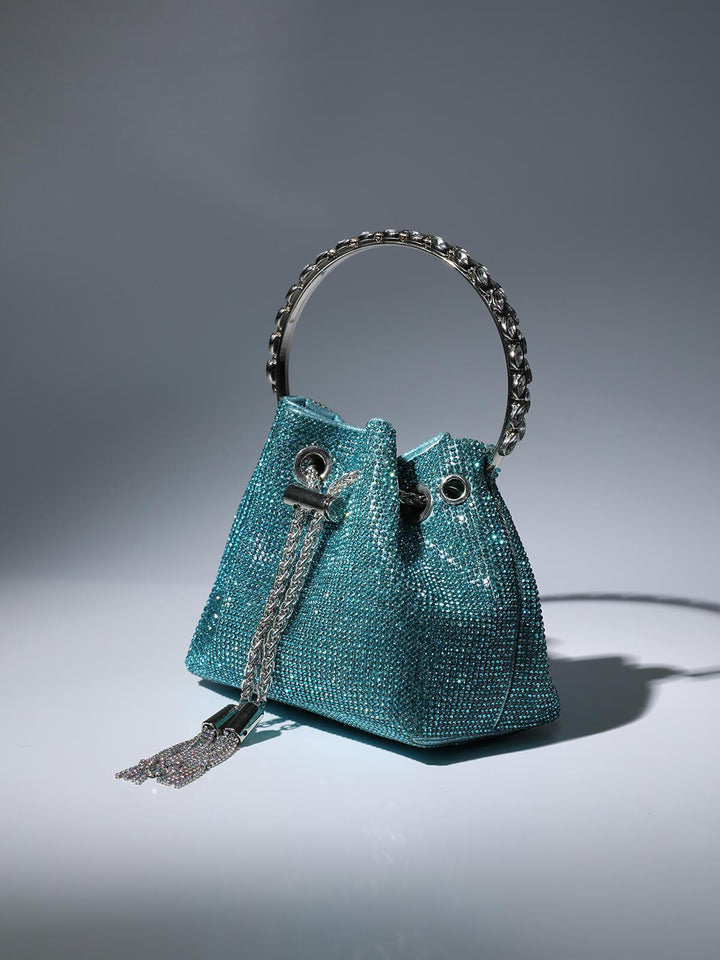 Mattea Crystal Embellished Bucket Bag In Blue - Mew Mews